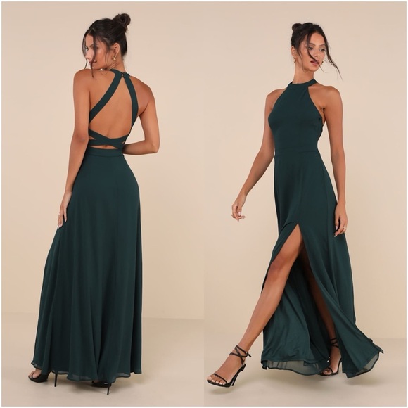 LULU’S Confidently Charismatic Emerald Green Backless Halter Maxi Dress - Picture 1 of 9